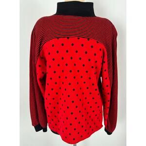 Vintage Size Small Red Black Polka Dot Striped Sweater Christmas Retro 90s 80s